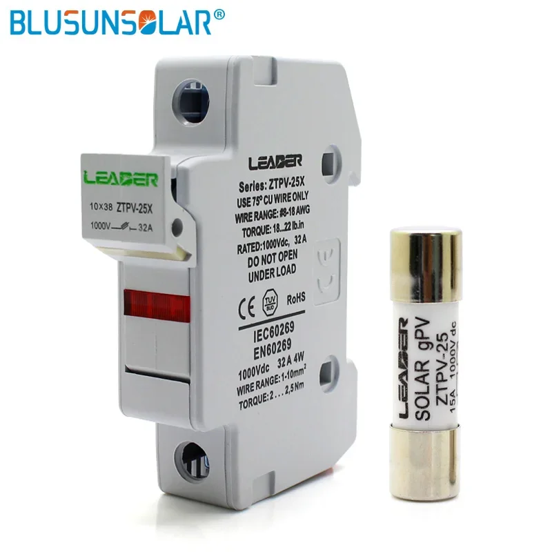 Suporte do Fusível para a Proteção do Sistema Solar Fundível Picovolt Solar Fusível 100 a 12a 15a 20a 30a 1000v dc 10×38 Gpv