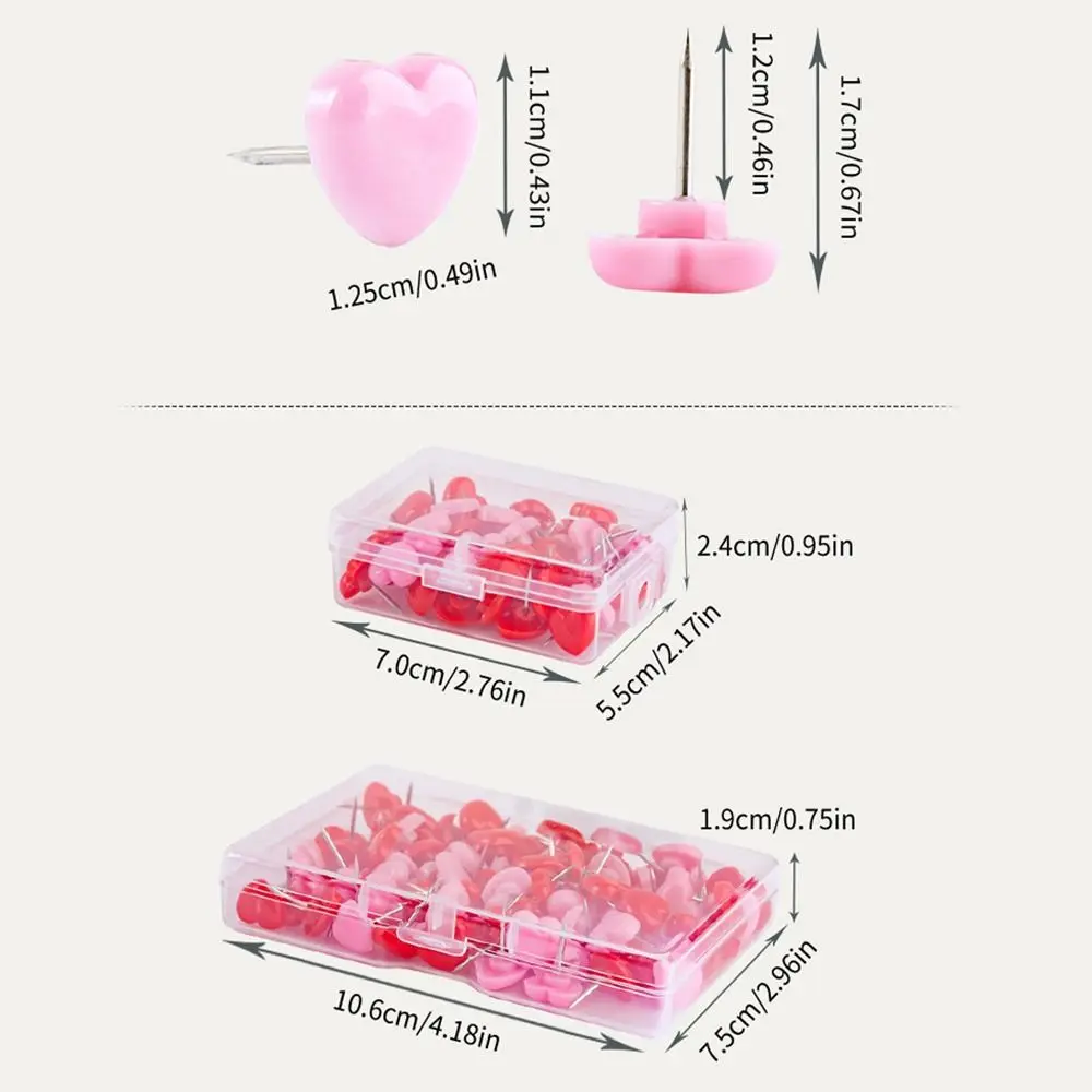 100PCS 재사용 가능한 핑크 레드 압정 사진 핀 러브 하트 푸시 핀 고정 압정 사무용품