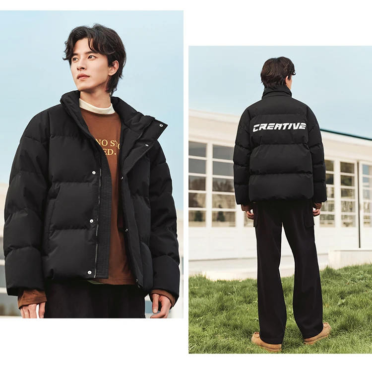 Down Jacket Men Winter New Contrast Color Texture Printing Couple Puffer Coat Thick Outerwear Trendy Down Jacket
