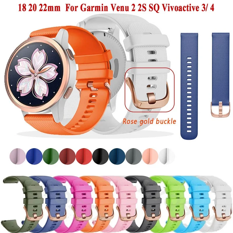 

Rose Gold Buckle 18 20 22mm Soft Silicone Wrist Band For Garmin Venu 2 2S SQ Vivoactive 3t 4 Forerunner 745 Watchband Bracelet