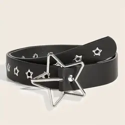 Edgy Star Buckle Fashion Belt with Decorative Eyelets - 105CM (Black)