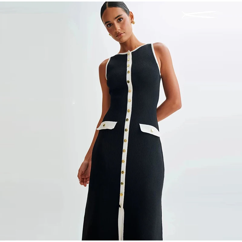 Elegant Single Breasted Knitted Maxi Dress Women Fashion O Neck Sleeveless Fake Pockets Dresses New Lady High Street Robes
