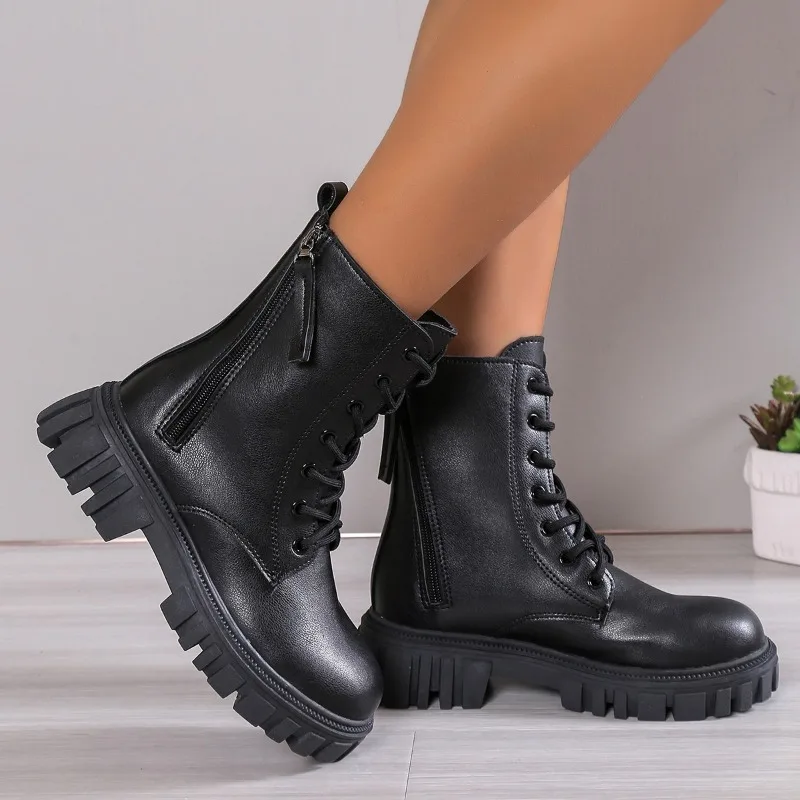 2023 Brand Shoes for Women Ankle PU Women's Boots Platform Modern Boots Women Lace Up Round Toe Zip Fretwork Heel Shoes Ladies