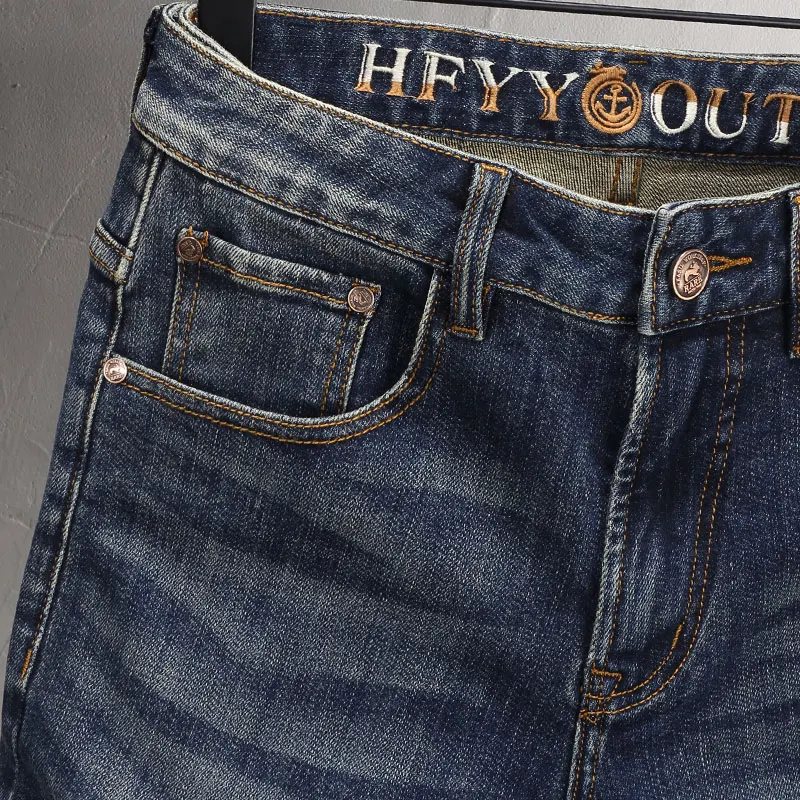 Fashion Vintage Men Jeans High Quality Retro Washed Blue Elastic Stretch Slim Fit Ripped Jeans Men Casual Trousers Denim Pants