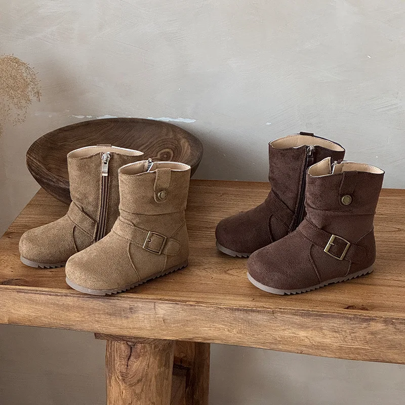 Kids Short Boots Retro Korean Style Girls Princess Boots Round Toes 2025 Autumn Winter Children Leather Boots Withside Zipper