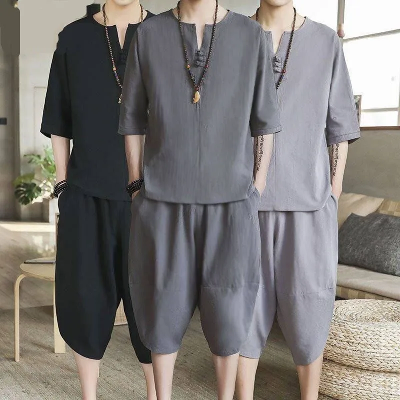 

Men Thin Linen Set Summer Chinese Style Loose Large Size Cotton Linen 2Pcs/set For Men Summer Casual Chinese Style Newly