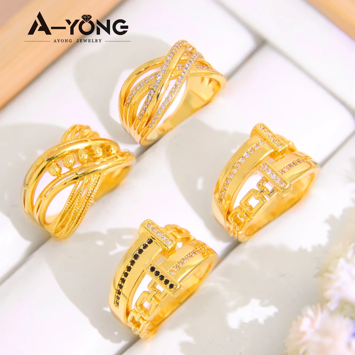 Luxury Italian Punk Hip Hop Zirconia Rings 21k Gold Plated