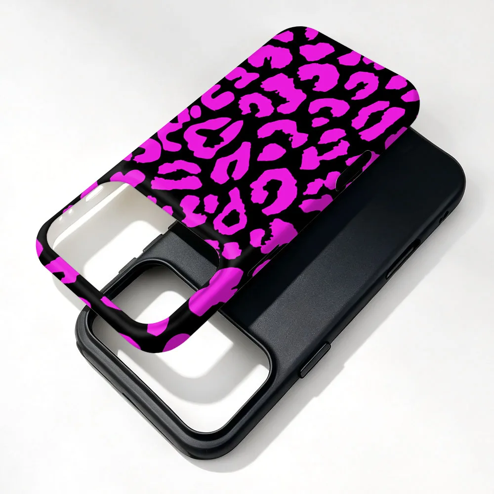 Rose Leopard Print Magnetic Phone Case with 2-in-1 Film Shell and Bumper Cover