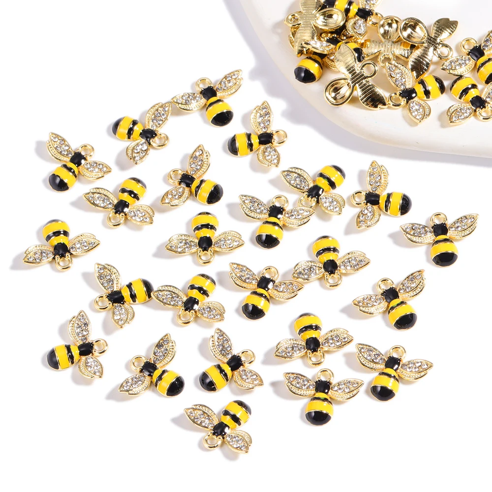 

10Pcs/Lot 15*17 Retro Alloy Enamel Rhinestone Bee Charms Cute Insect Metal Pendants For DIY Jewelry Making Accessories Wholesale