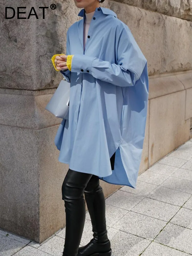 

Женская однобортная рубашка DEAT, свободная хлопковая блузка с отложным воротником и длинными рукавами, с разрезом сбоку, весна 2024