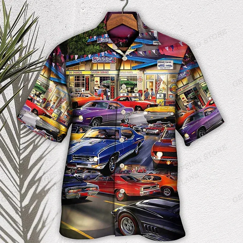 Men's Hawaiian Shirt Car Graphic Print Shirts Men Fashion Casual Beach Blouse Vocation Lapel Motorcycle Camisa 5