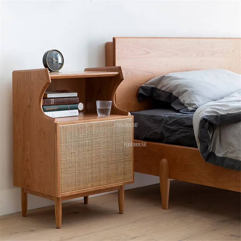 Japanese Nightstand Nordic Solid Wood Bedside Table Rattan Low