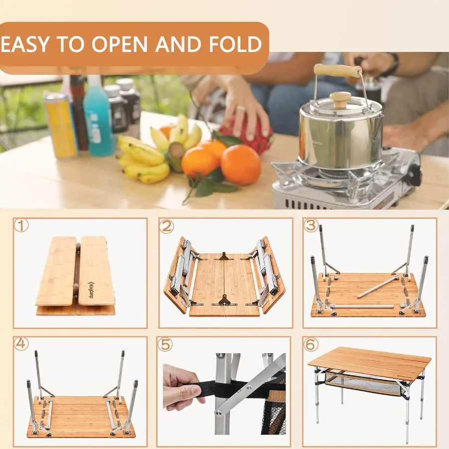 Lightweight Stable Bamboo Folding Camping Table Bamboo Outdoor Folding Tables Adjustable Height Portable Picnic