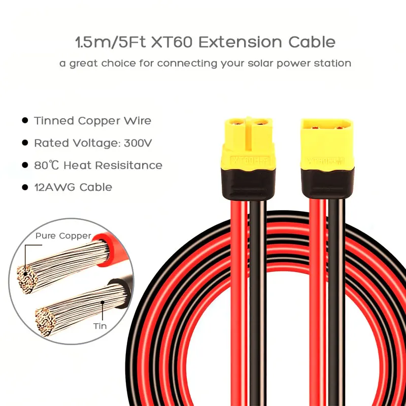 12AWG 1.5m/5FT XT60 Male to Female Extension Cable Compatible For ALLPOWERS Ecoflow Jackery Bluetti Anker Portable Power Station