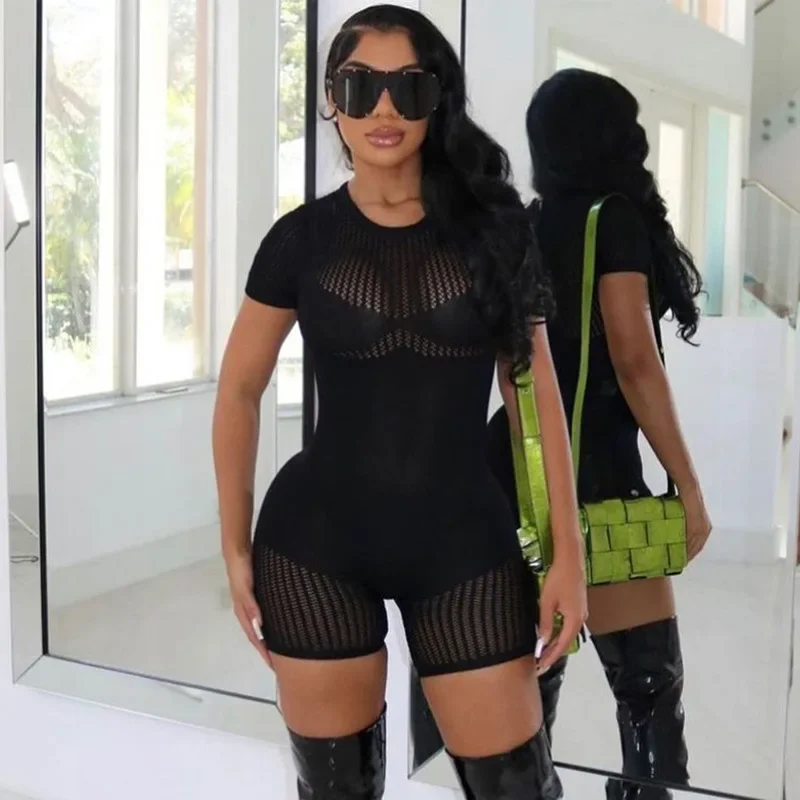 Knitted Hollow Out Summer Playsuits Women O Neck Short Sleeve Skinny Shorts Jumpsuits Fashion Casual Beach Romper Streetwear