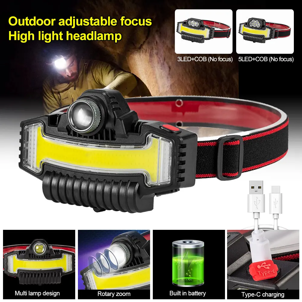 

Waterproof USB Charging COB Headlight 5 Light Modes LED Head Toch Red/Bule Light Headlamp for Camping Fishing