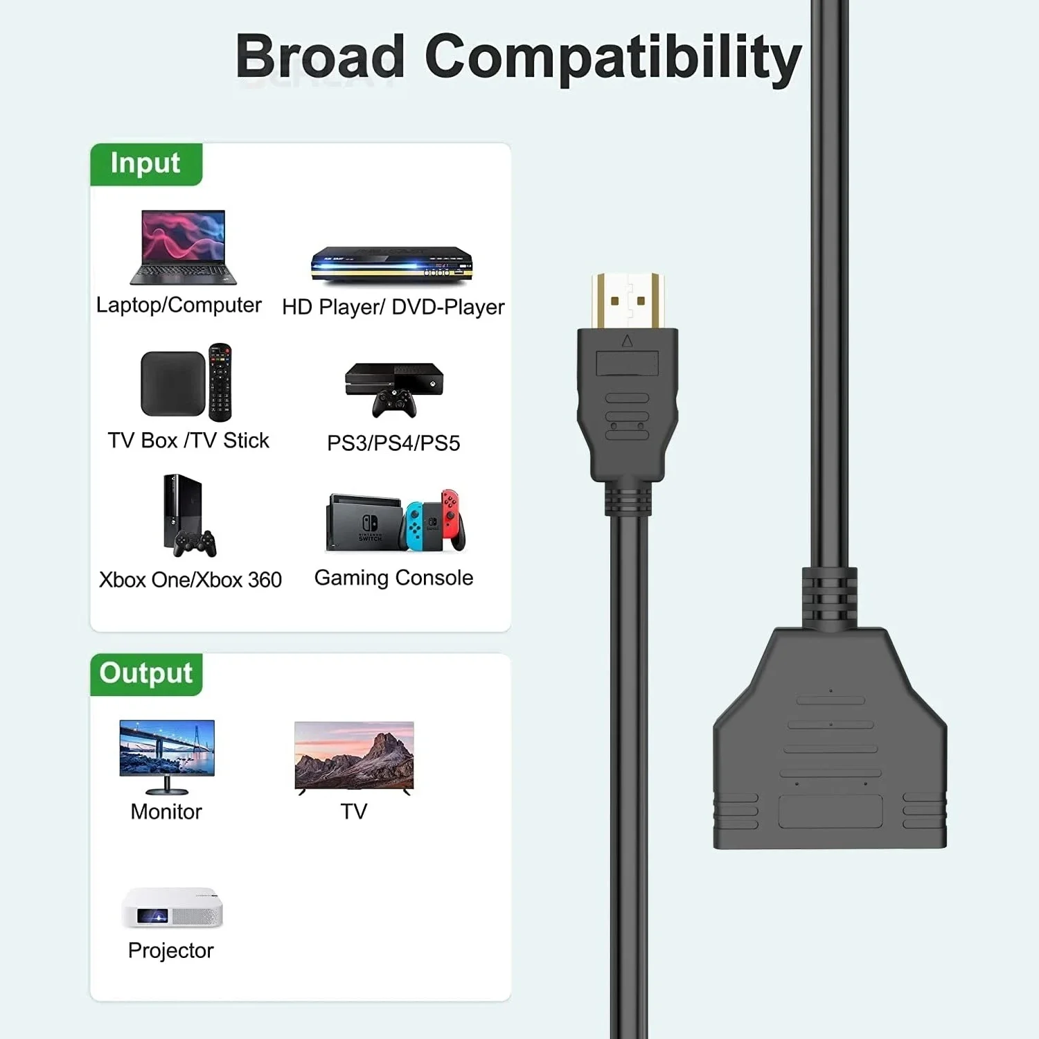 HD 1080P HDMI 분배기 듀얼 포트 1입력 2출력 케이블 (남성-여성) HDTV 어댑터 (노트북, TV 박스, 모니터용) HDMI 호환 분배기