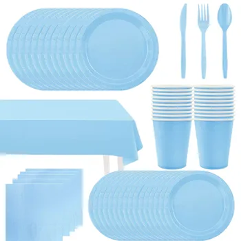 Decorazioni di compleanno a tema blu solido Stoviglie usa e getta in puro colore Piatti usa e getta blu Tazze Tovaglia Articoli per feste 1