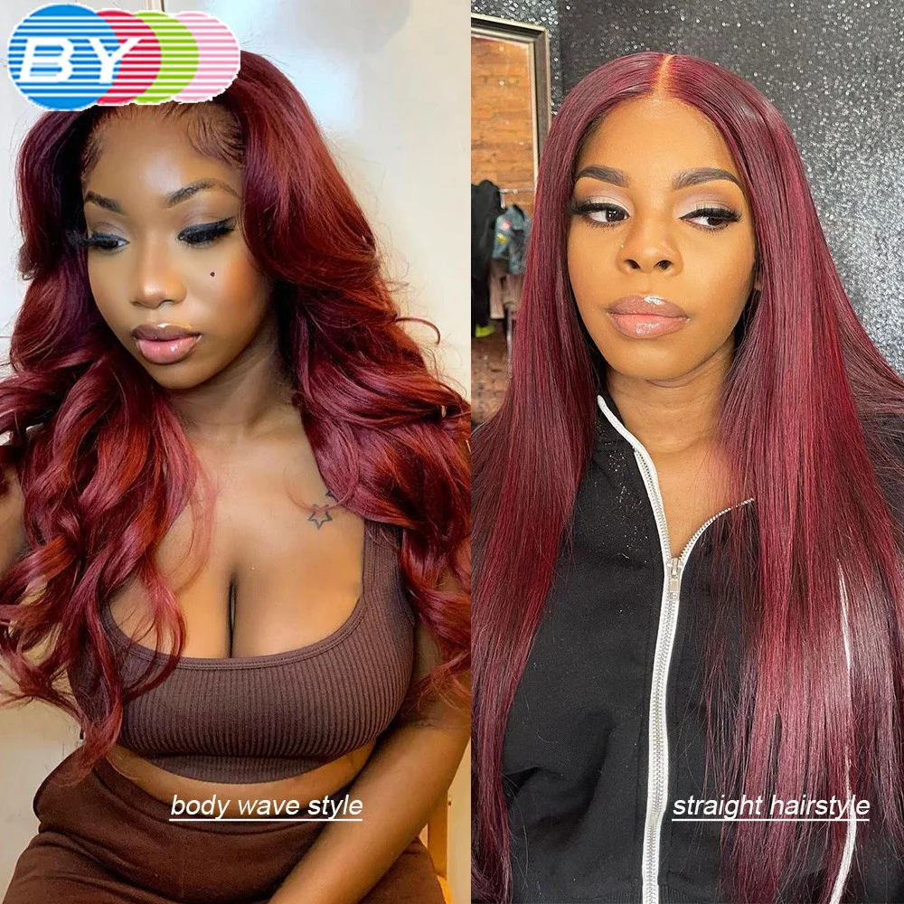 Frontal do Laço para as Mulheres Dianteira do Laço Onda do Corpo Perucas de Cabelo Colorido Borgonha 4 Peruca Pré-arrancadas Vermelho Transparente Humano Peru 99j 13 × 7 frontal do laço para as mulheres pré-arrancadas