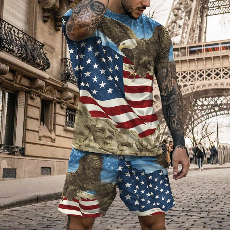 Men's Summer Tshirt Set Vintage Tops Shorts 2 Pieces American Flag Outfit Design Oversized Quick Dry Breathable Sportswear