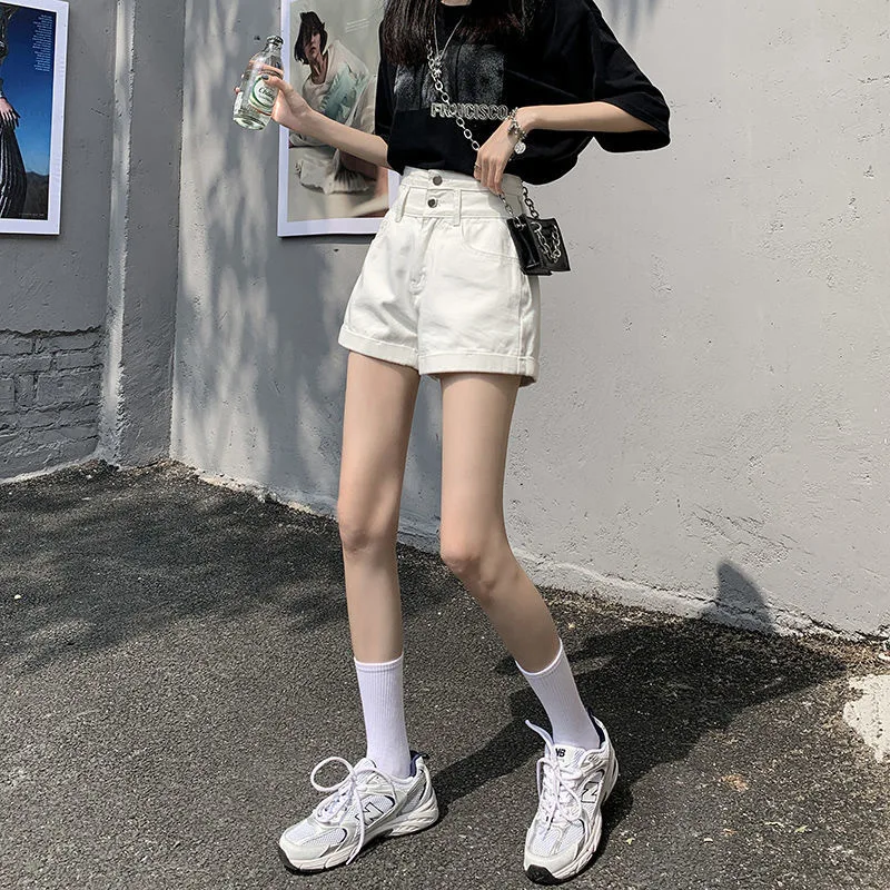 Super High Waist Denim Shorts Women's 2023 Summer New Loose Slim Korean Style Wide Leg Curl A- Shaped Hot Trendy Pants 2023 new super high waist stretch skinny jeans women slim button fly pencil denim pants design fashion beige legging vaqueros