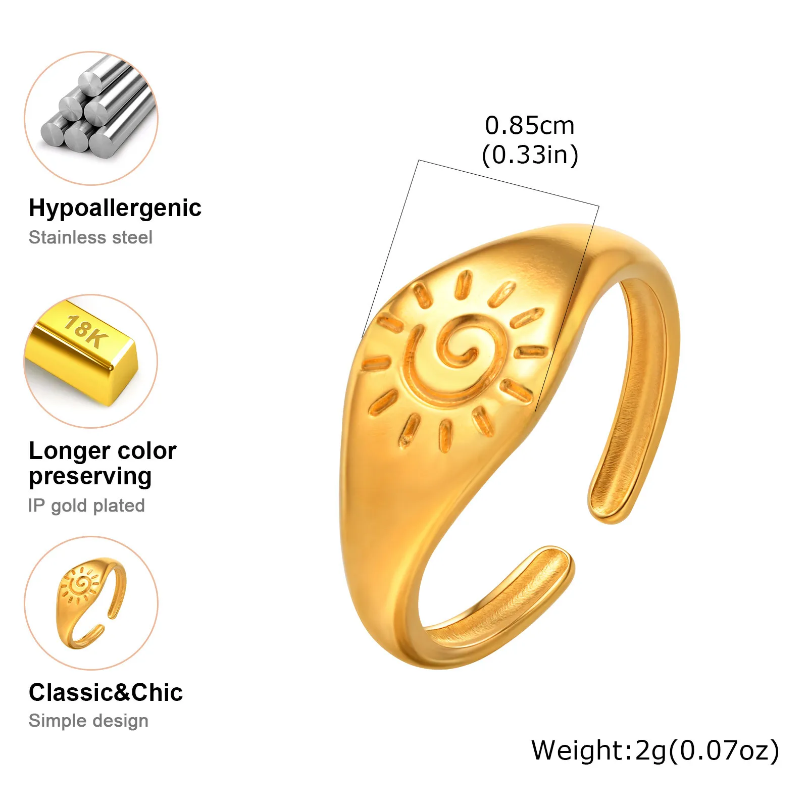 Stainless Steel Tail Ring for Men Women,Gold Color Irregular Sun Pinky Ring,Stylish INS Style Signet Ring Gift