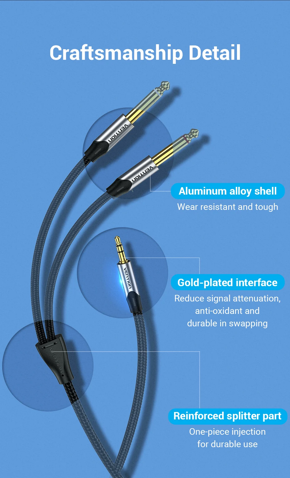 3.5mm to Double 6.5mm TRS Cable AUX Adapter Audio Cable 6.5 Jack to Stereo 3.5 J