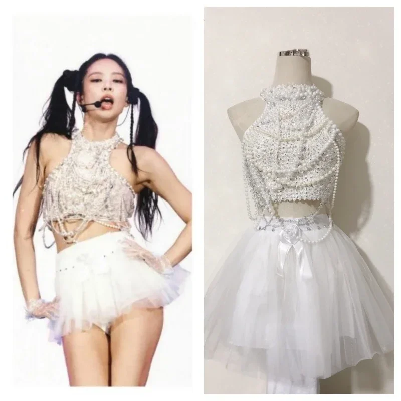 

Kpop Girl Group Jennie Jazz Dance White Pearl Halter Vest Crop Tops Stage Costume Sexy Shaggy Mini Skirt Music Festival Outfits