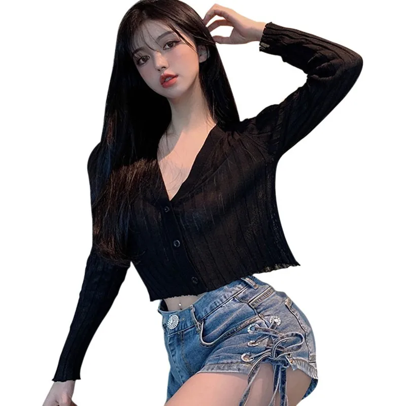 여성용 V넥 긴팔 단추 업 니트 가디건 스웨터, 섹시한 티셔츠