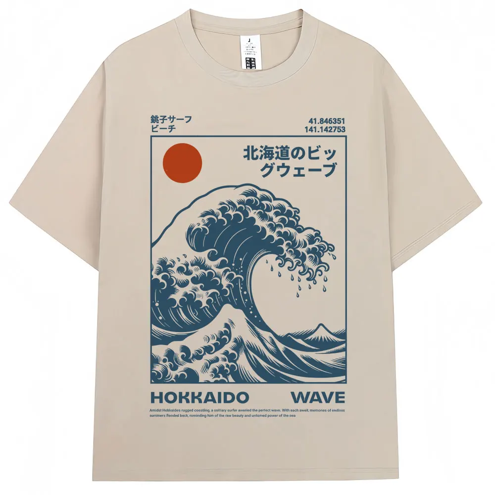 Vintage Japanese Hokkaido Wave Oversized Cotton Tee - Unisex Harajuku Fashion Summer T-Shirt