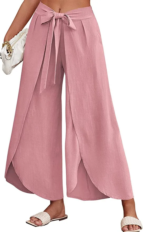 New Women's Bohemian Slit Wide Leg Belt High-waisted Trousers