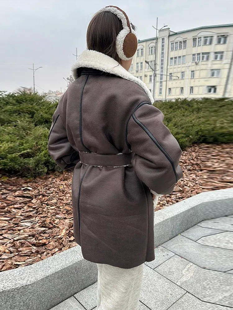 Spitze Up Lamm Fleece Patchwork Faux Leder Jacke Frauen Elegante Revers Volle Hülse Schlank Herbst Winter Mäntel Chic Damen Oberbekleidung – Detail 12