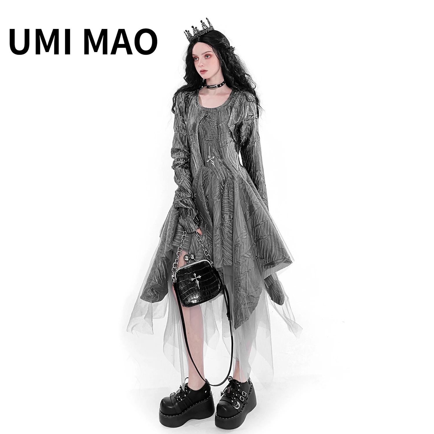 

UMI MAO Cute Cool Material Several Meters Custom Pleated Fabric Stitching Gauze Skirt Dark Dress Elegant Princess Tutu Femme Y2K