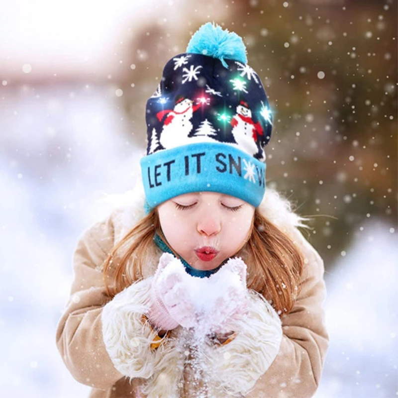Adults Children Christmas Hat Glowing LED Christmas Knitted Hat Santa Claus Tree Elk Gift
