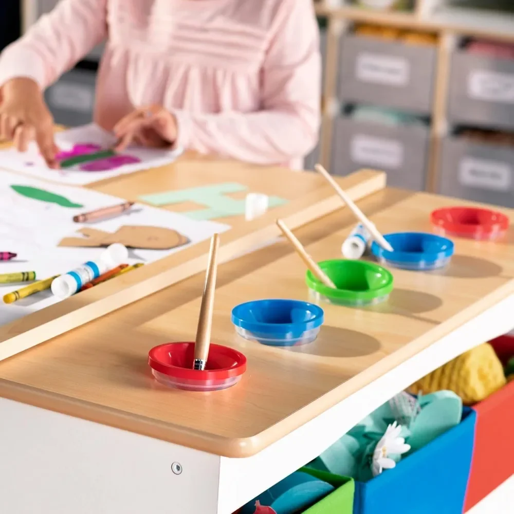 Arts and Crafts Center: Kids Activity Table and Drawing Desk with Stools, Storage Canvas Bins, Paper Roller, Paint Cups