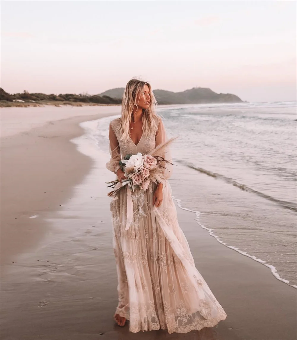 Boho Lace Embroidered Wedding Dress Long Sleeve Deep V Neck Flowy Lace Skirt Beach Bridal свадебное+платье
