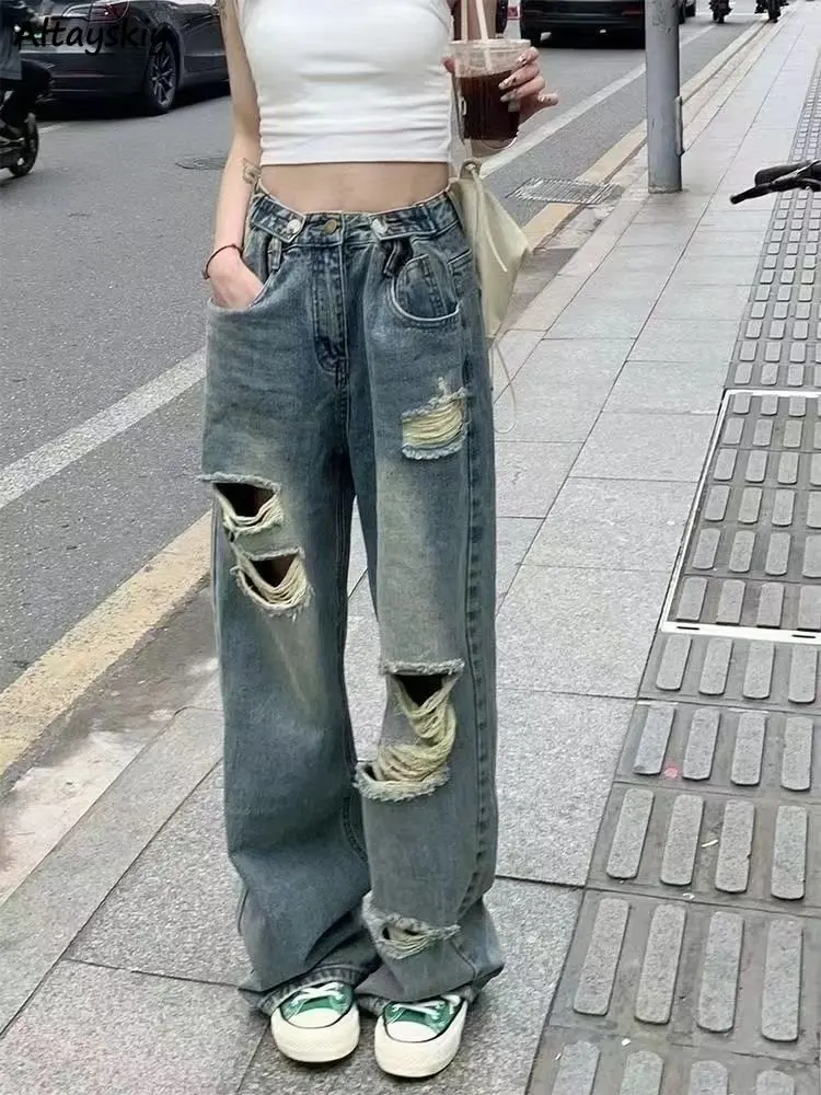 

Hole Jeans Women Hip Hop Ripped Streetwear Cool Personality Chic Designed Distressed Loose College Denim Trousers Harajuku Y2k