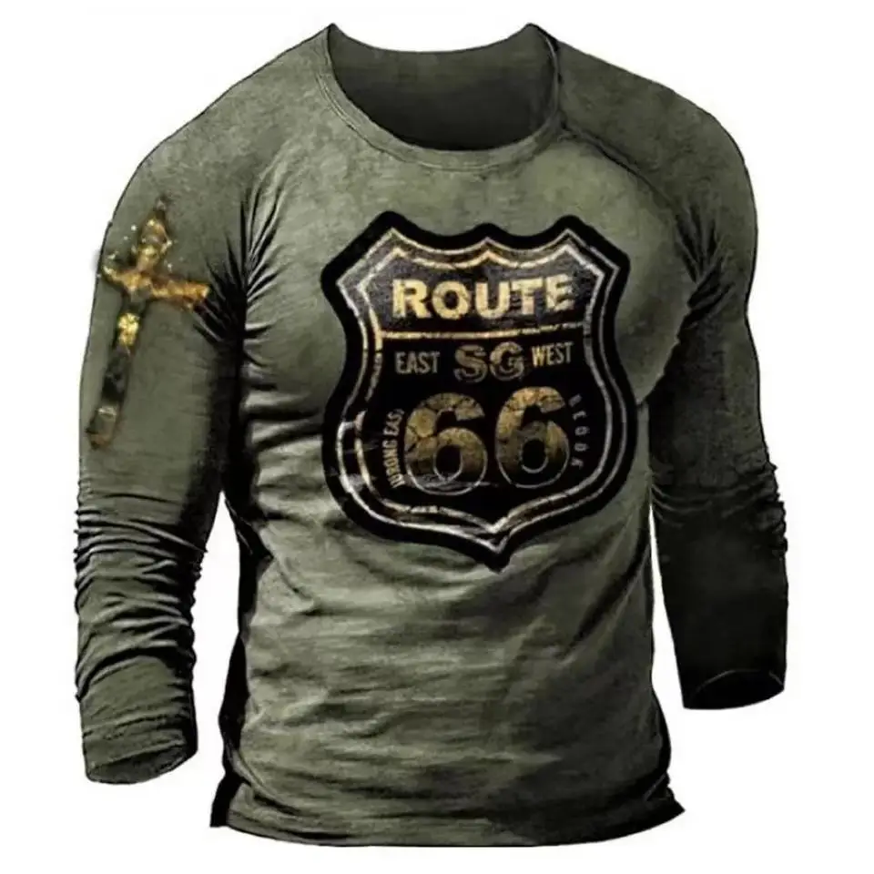Fashion Vintage Men's T Shirts Oversized Loose Clothes Vintage Long Sleeves Us Route 66 Letters  3d Printed T Shirts Eu Size 5xl