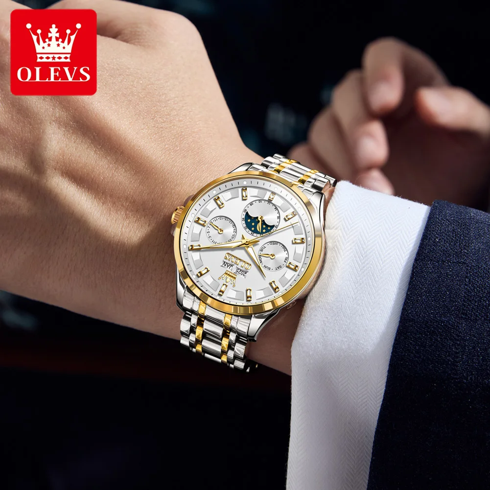 OLEVS 7070 Man Automatic Watch Calendar Mechanical Watch For Men Stainless Steel 30M Waterproof Moon Phase Luxury Wristwatch