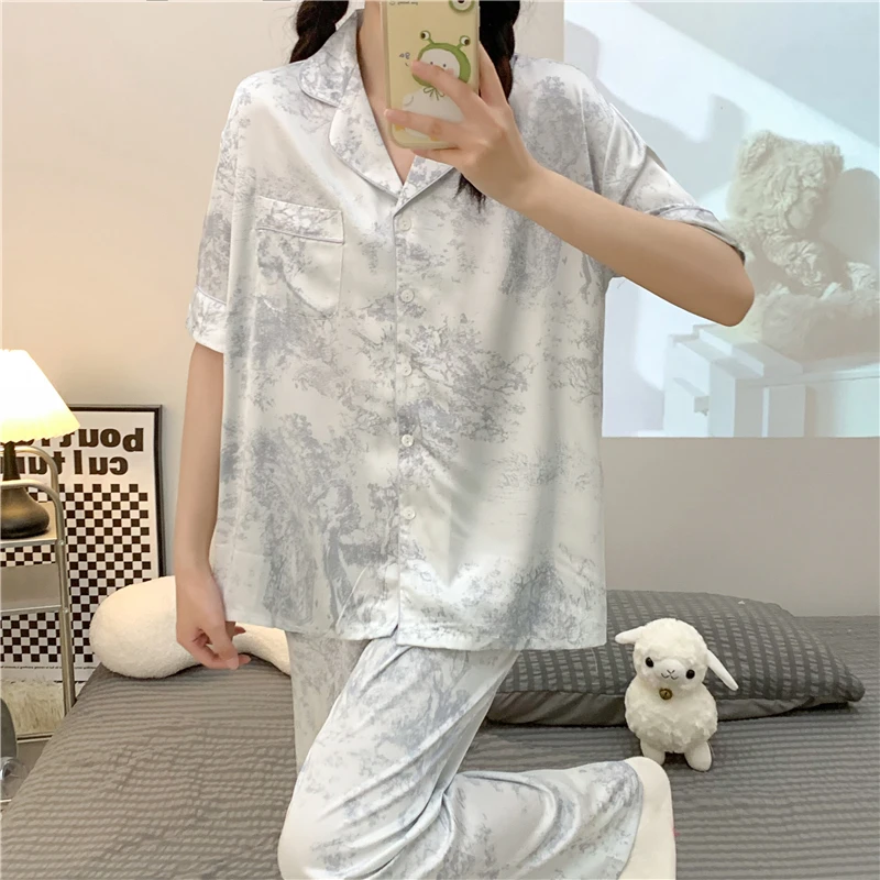 Pajamas Women's Summer Ice Snow Silk Simple High Grade Silk Short Sleeve Pants Cardigan Small Lapel 2023 New Home Furnishing