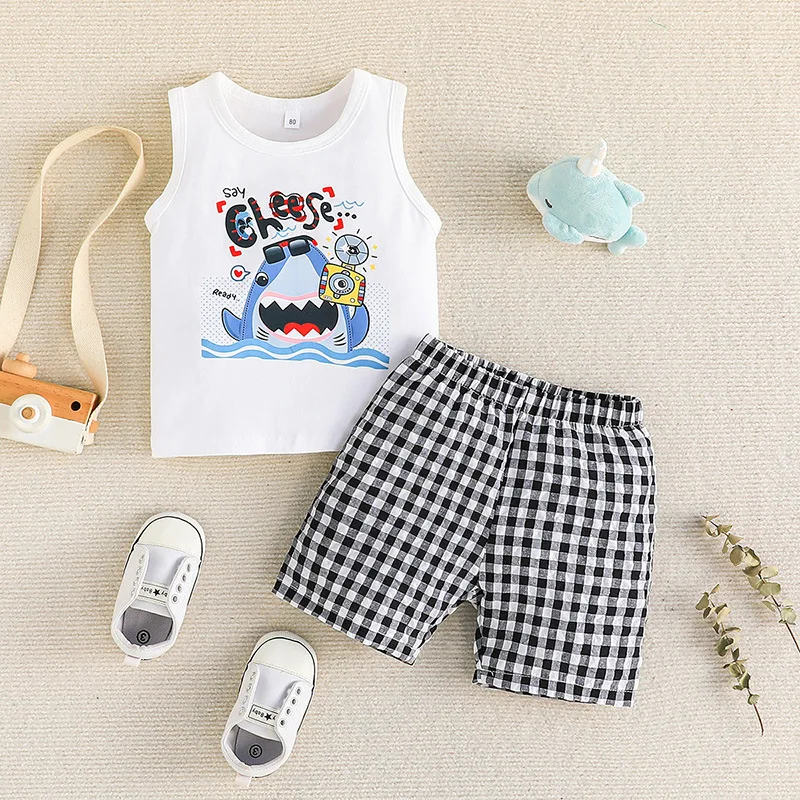 

Summer Style Boys 1-6 Years Old Alphabet Cartoon Vest + Plaid Shorts Two-piece Set Summer Clothes for Boys
