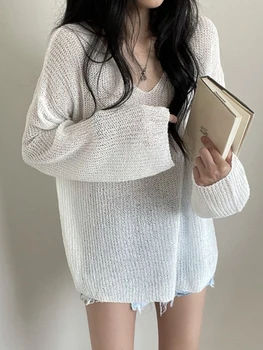 Loose Lazy V-Neck Sun Protection Cover Up Korean Thin Solid Color Top 2026 Summer New Chic Lightweight Knitted Women T-shirt