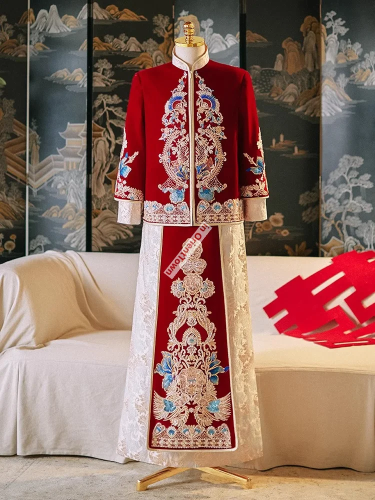 China Trend Xiuhe Clothing Velvet Couple Set Chinese Groom Tang Suit Bridal Heavy Industry Wedding Ceremony Toasting Dress