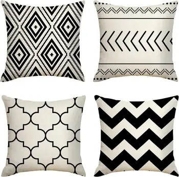Black Beige Throw Pillows Covers Geometric Linen Wave Cushion Covers for Sofa Outdoor Patio 1