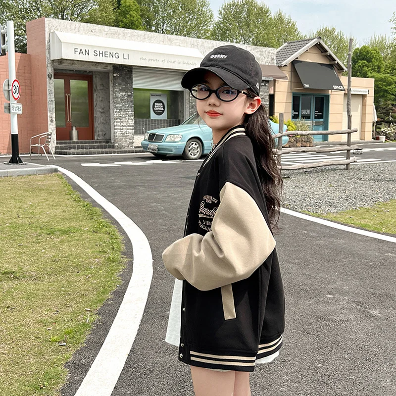 여아용 야구 저지 자수 스포츠 재킷 상의, 십대 아동복, 4-14 세 아동복, 2025 용수철 가을 신상
