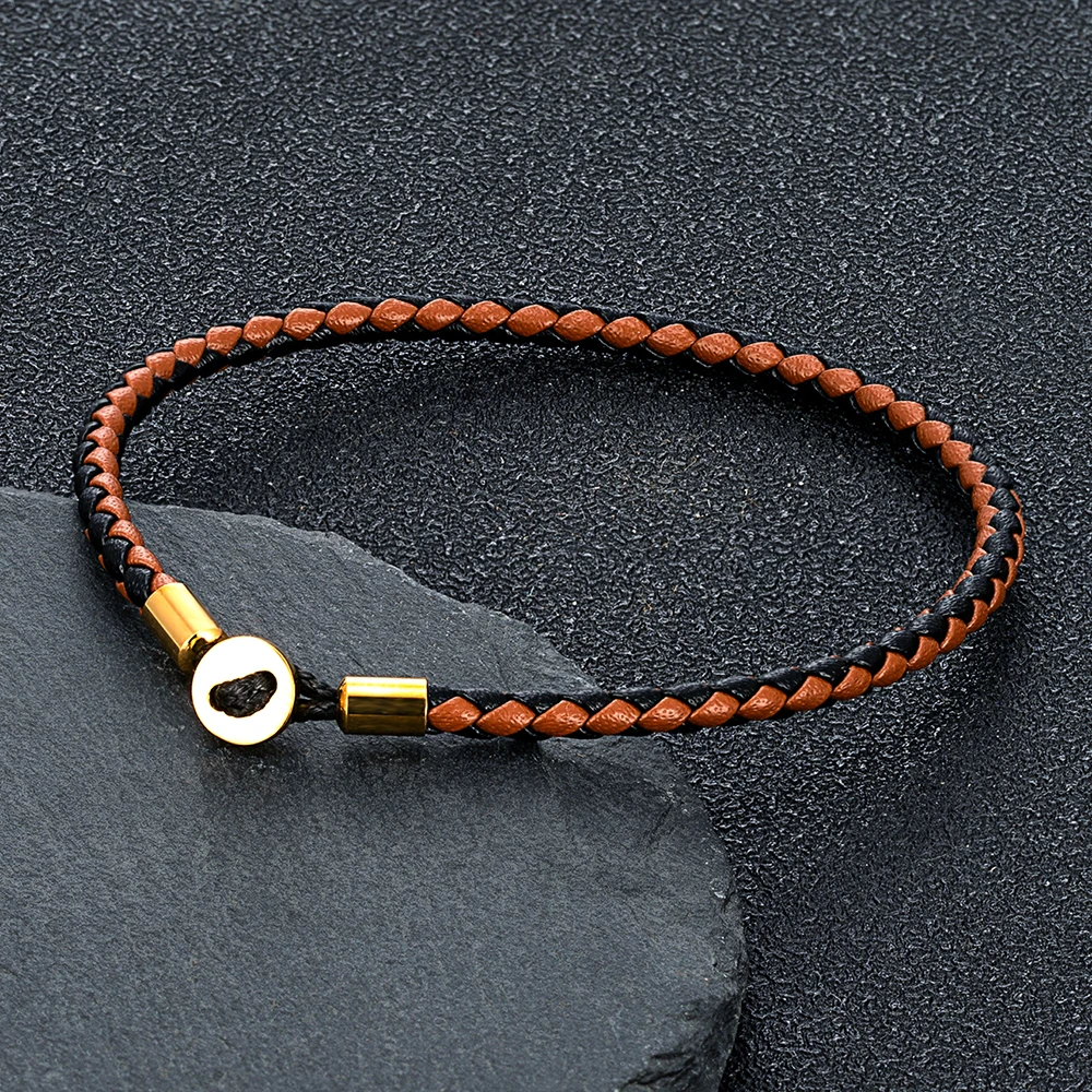 Gold Color Stainless Steel Button Braided Leather Bracelet for Men Women Fashion Couple Jewelry Gifts