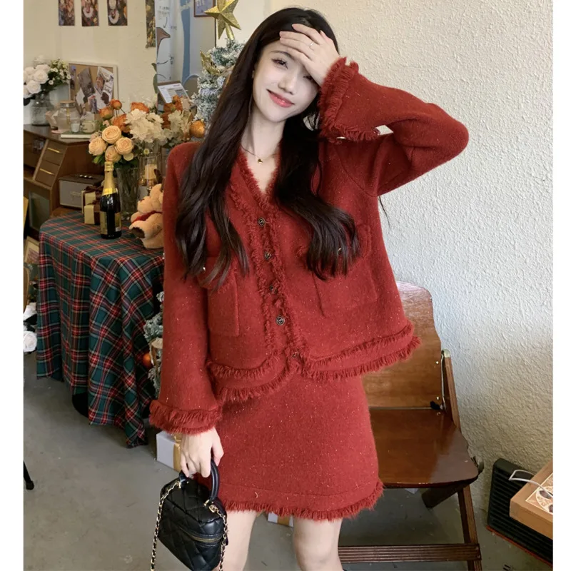 

Coat Skirt Women Two-piece Sets Korea Fashion Small Fragrant Knitted Sweater Autumn Winter Wear Thick Sweet Girl Jacket Suit