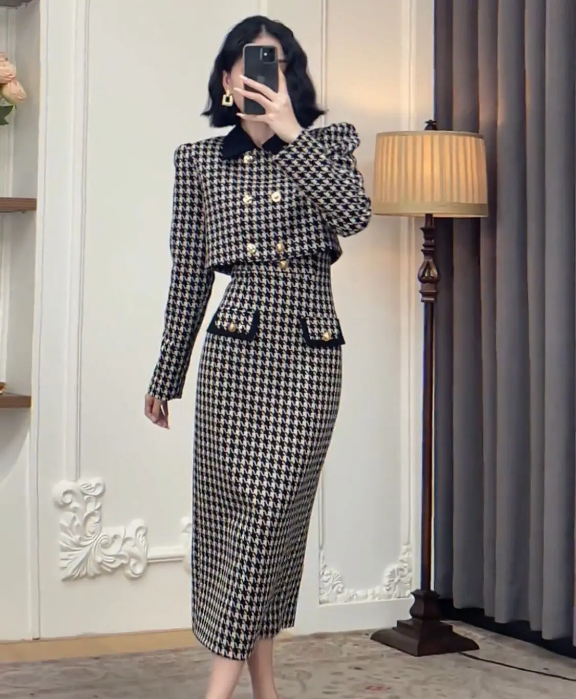 

2023 New Autumn Runway Tweed 2 Piece Set Dress Designer Winter Women Houndstooth Short Jacket Coat + Mini Vest Wool Blend Suits