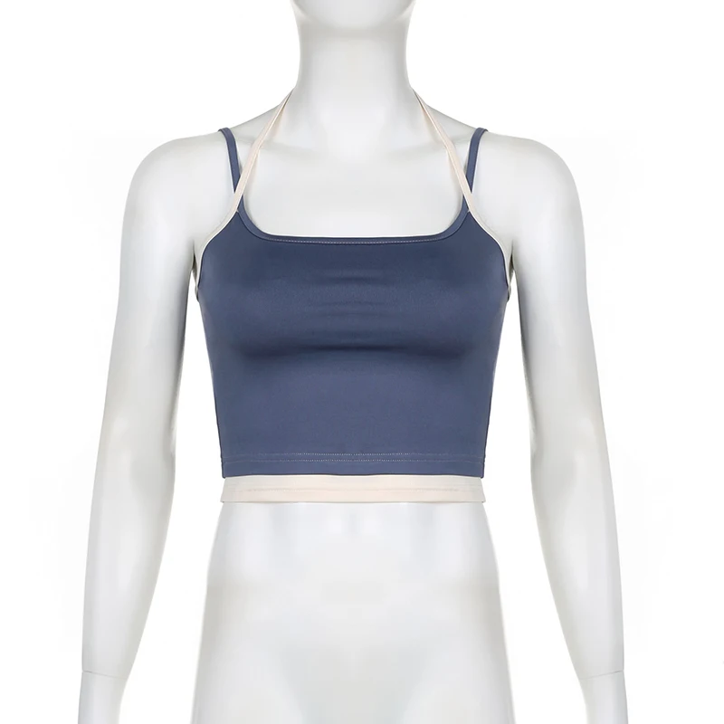 Camisola de moda de calle alta, top de retazos falso de dos piezas, top de tirantes con cuello halter, chaleco básico sin mangas para fitness, informal, de verano
