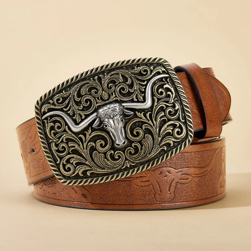 Western Cowboy PU-Ledergürtel – Herren-Hüftgurt, Stier-Dekoration, Blumenmuster, graviert für Jeans